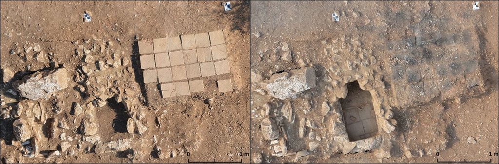 Georeferenced orthophotography from the middle imperial primary cremation (east) and two (stratigraphically later) middle imperial individual tombs (west), showing two different phases of excavation: before (left) and after (right) removal of the covering bricks. © Sagalassos Archaeological Research Project. Credit: Antiquity (2023). DOI: 10.15184/aqy.2022.171