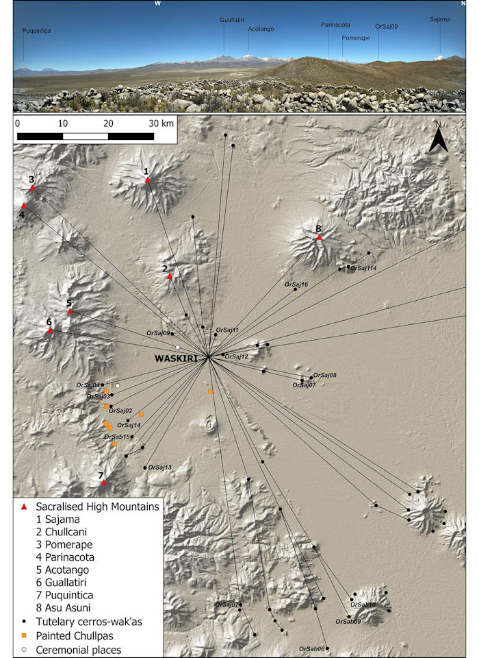 Top view from Waskiri, showing the silhouettes of the main sacred mountains of the region; bottom) distribution of sacred sites around Waskiri. İmage: P. Cruz