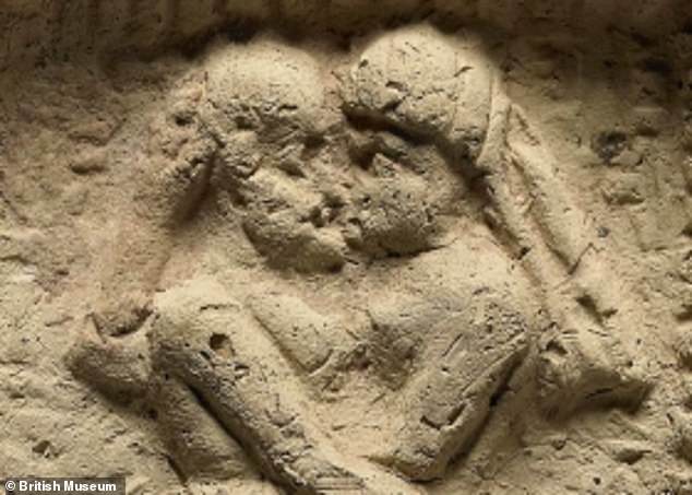 Babylonian clay model showing a nude couple on a couch engaged in sex and kissing. Date: 1800 BC. © The Trustees of the British Museum