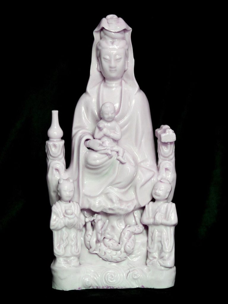 A Dehua porcelain "Guanyin bringing child" statue, interpreted to be "Maria Kannon" in connection with Christian worship. Nantoyōsō Collection, Japan.