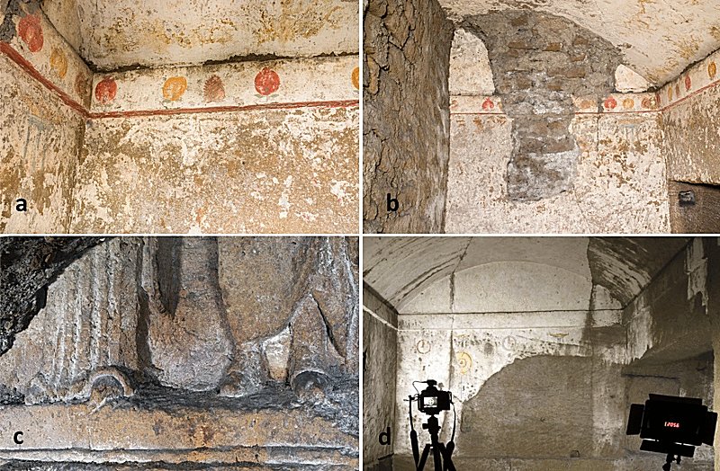 (a) Fragments of Greek burial chambers and (b) Ipogeo dei Melograni decorated with fruits frescoes along the walls (c) Togati - fragment of a high relief with a funeral farewell scene (d) chamber 8 in Fig. 11 with remains of frescoes on the North wall described by Neapolitan archaeologist Michele Ruggiero in 1888.