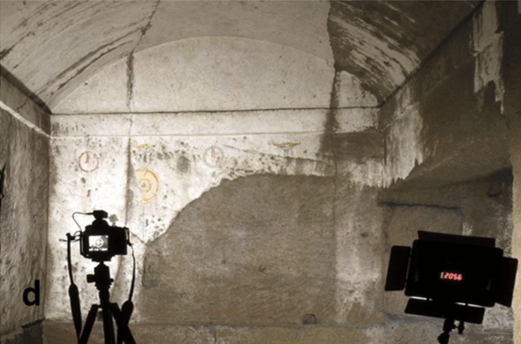 Remains of frescoes on the North wall found in an underground Greek tomb discovered in Italy using the 21st-century technique of muography. Credit: Nature / CC BY 4.0