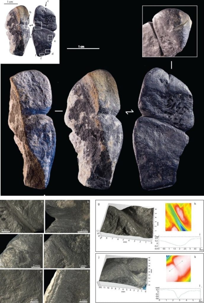 Microscopic images of the modifications observed on the graphite pendant: (a–b) mid-section groove, (c) short groove located at one extremity of the artefact, (d–e) parallel striations observed on the flat side of the artefact, (f) highly smoothed and shiny facet present on the flat side of the artefact, (g) 3D reconstruction of the mid-section groove, (h–i) profile of the mid-section groove, (j) 3D reconstruction of the groove located at one extremity of the artefact, (k–l) profile of the groove located at one extremity of the artefact. Credit: Scientific Reports. DOI: 10.1038/s41598-023-36140-1