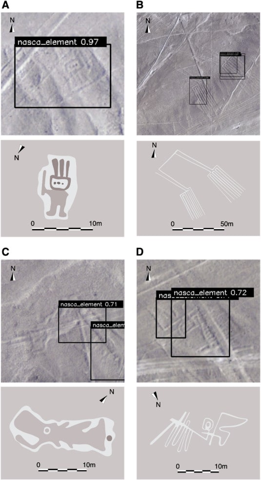 Четыре новых геоглифа Наски, идентифицированные Deep Learning. (A) Гуманоид рельефного типа. (B) Пара ног линейного типа. (C) Рыба рельефного типа. (D) Птица линейного типа. (B-D) впервые представлены публике в этой статье.
