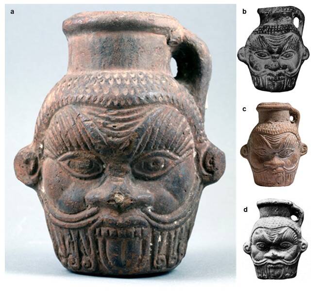 Давньоєгипетська ваза Біс, що зберігається в Художньому музеї Тампи у Флориді (а). Інші вази Демона з інших колекцій (б, в, г). (Танасі та ін. / CC BY 4.0)