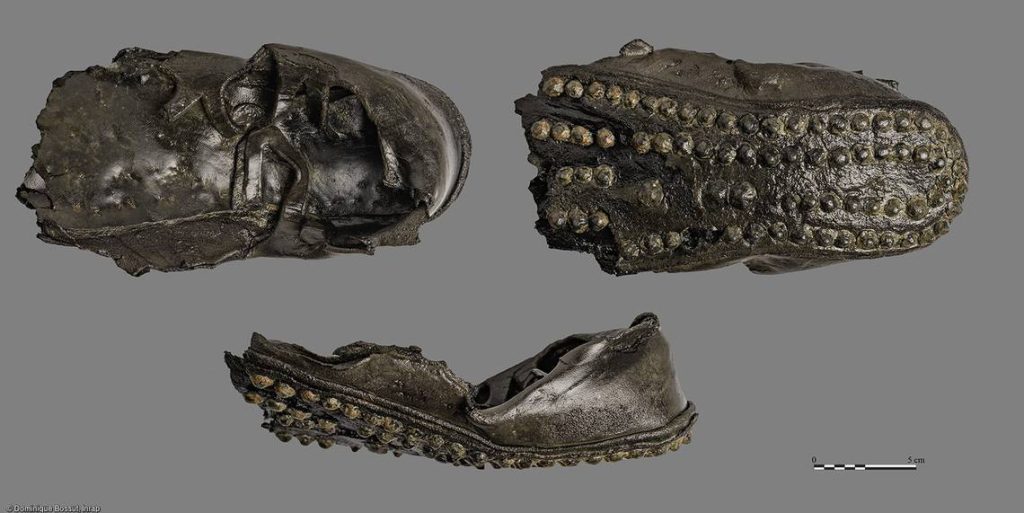 Close-up photos of some ancient Roman shoes found in the canal. Photo: Dominique Bossut - Inrap