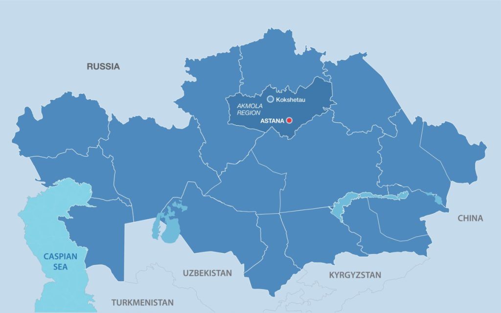 Карта Акмолінської області. Карта розроблена The Astana Times.