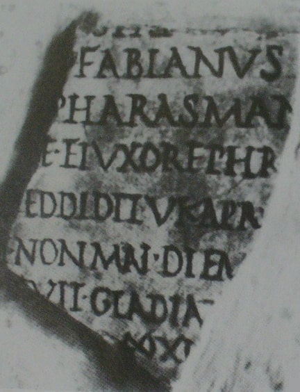 A fragment of the Fasti Ostienses mentions Pharasmanes II of Iberia.[1][2] PHARASMAN'[ES REX IBERORVM CVM FILIO]
E ET VXORE PHR[CVI IMP(ERATOR) ANTONINVS AVG(VSTVS) REGNVM] REDDIDI Translation: Pharasman[es, the king of Iberia with the son] and his wife Phr[to whom the emp[eror] Antoninus Aug[ustus], the kingdom] restored.
