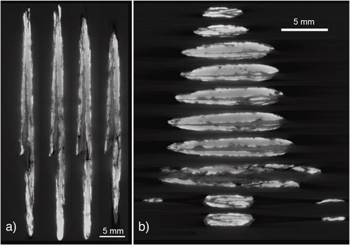 a–b: X-ray tomographic sections of the Mörigen arrowhead. Photo: Journal of Archaeological Science 