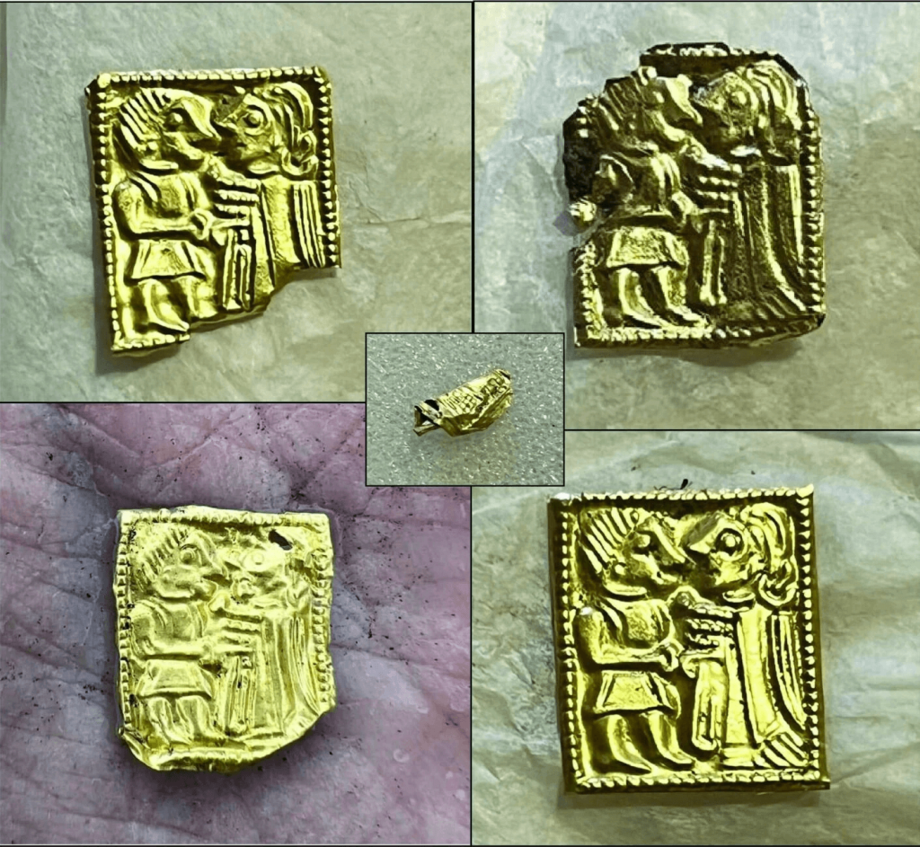 The five new gold foil figures. One of them appears to have been intentionally crumpled. Photo: Museum of Cultural History / University of Oslo