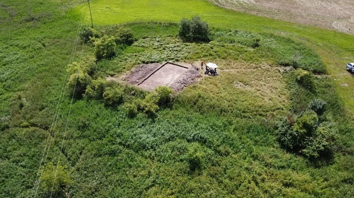 Archaeological works in Woźniki - archaeological site, bird's-eye view. Source: Institute of Archeology of the University of Lodz
