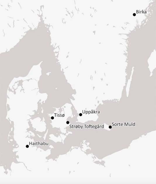 
Map of the Viking sites where the Viking Age window glass fragments were discovered.  Photo: National Museum of Denmark 
