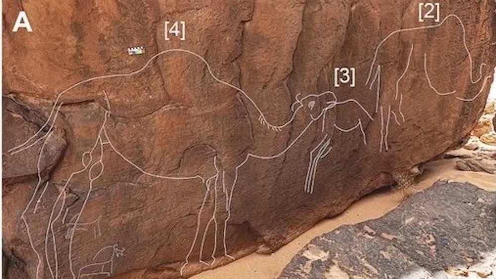 The mysterious camel carvings in the Saudi Arabian desert were likely created thousands of years ago. Virtual white lines are drawn over the carvings to enhance them for viewers. Image credit: Maria Guagnin, et al