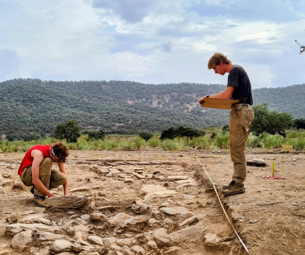 Students recording the area where the Cañaveral de León 3 stela was found. Photo: Durham University