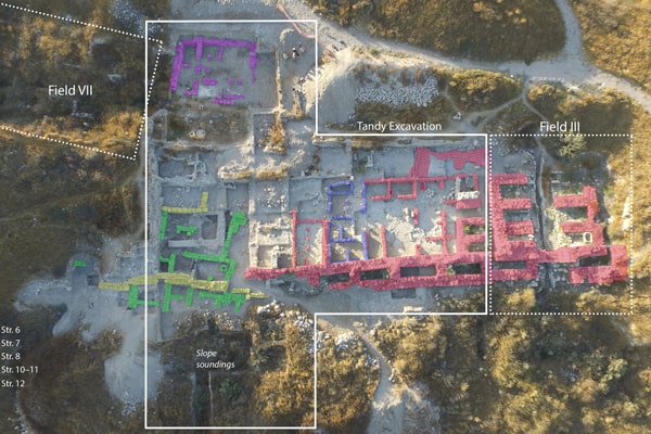 Aerial view with remains from different periods marked. Photo: © Lanier Center for Archaeology