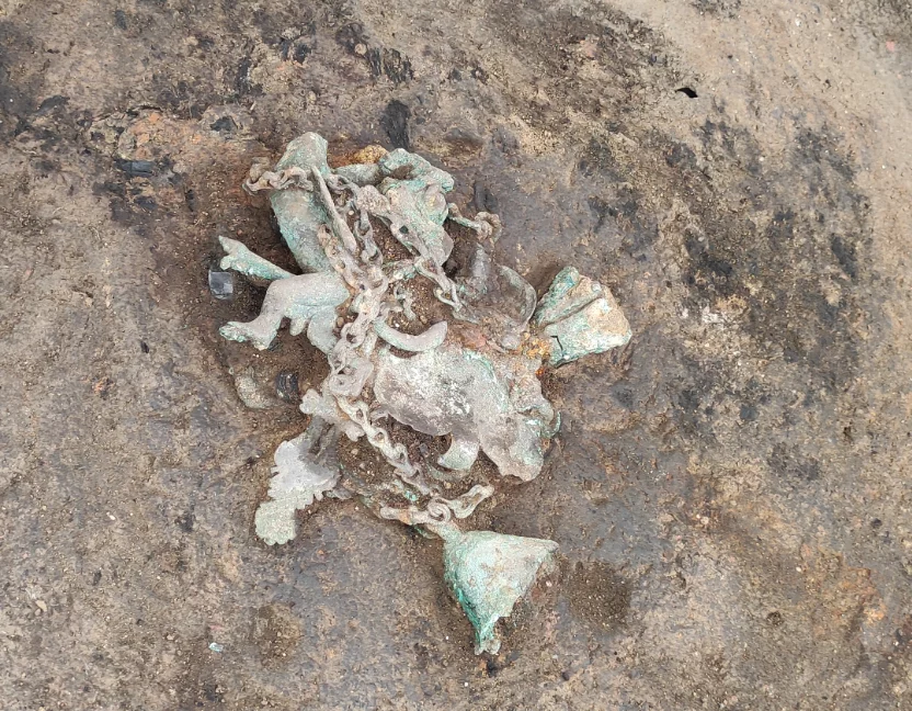 Bronze tintinabulum in situ. Photo: Ilija Danković, Archaeological Institute