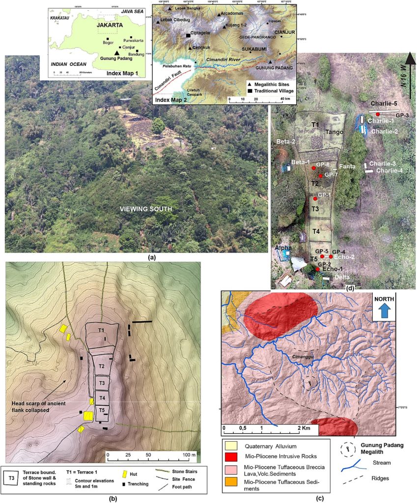 (a) Aerial view of Gunung Padang taken from a helicopter. (b) Topography and site map generated from a detailed geodetic survey. (c) Geology map of the Gunung Padang region (Sudjatmiko, 1972). (d) Orthophoto map obtained from a drone survey conducted in 2014, indicating the locations of trenching sites (white rectangles) and core-drilling sites (red dots). T1, Terrace 1; T2, Terrace 2; T3, Terrace 3; T4, Terrace 4; T5, Terrace 5. Credit: Archaeological Prospection (2023). DOI: 10.1002/arp.1912