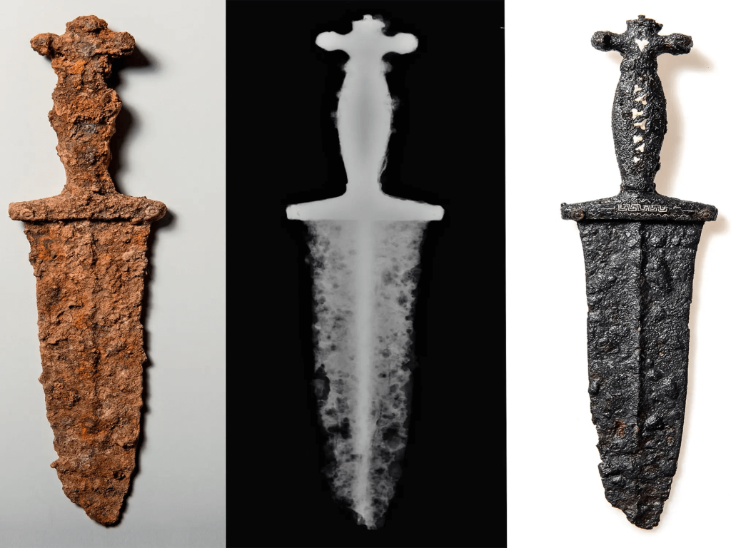 A dagger found from 15 BC in Oberhalbstein (Graubünden, Switzerland), before and after restorations. Photo: Archaeological Service Graubünden