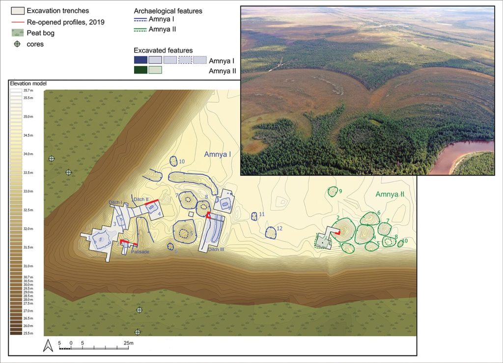 Top: aerial view of the Amnya river and promontory; bottom: general plan of Amnya I and II, showing location of excavation trenches and features visible in the surface relief. Credit: Illustration by N. Golovanov, S. Krubeck and S. Juncker/Antiquity (2023). 