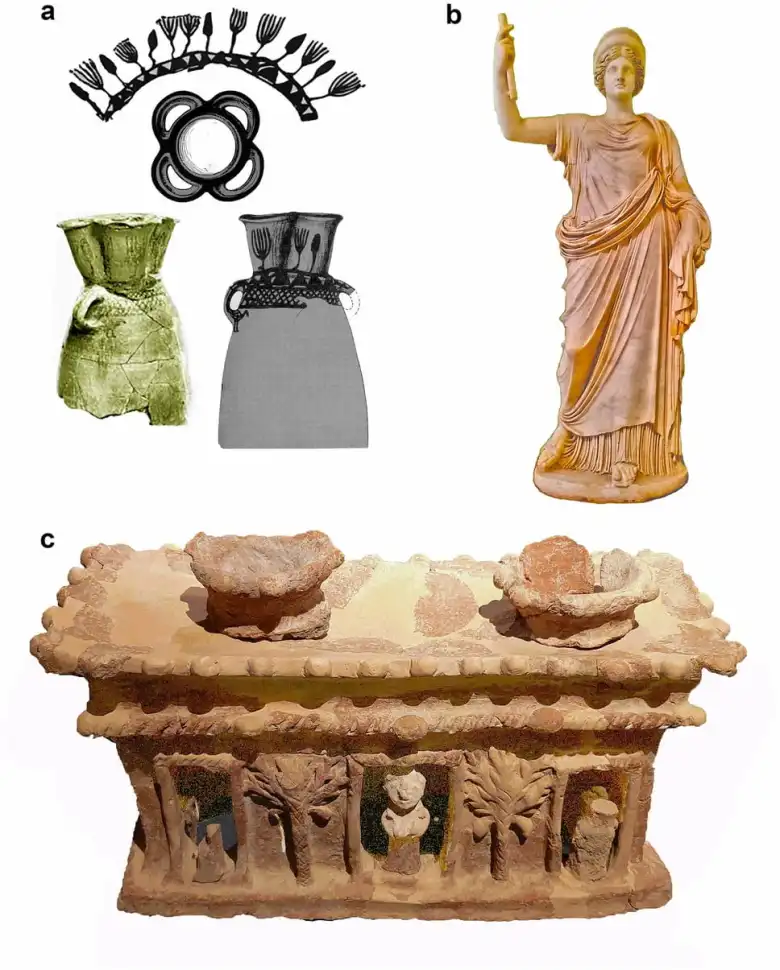 Philistines plant-related iconography. (a) Ceramic cultic jar, Tell Qasile, # 1302, Stratum X, Loci 142; 190: a frieze of plants painted on the upper part of the jar, flower-shape of the vessel, photo of the vessel, its drawing72. (b) Hera (Ephesus-Vienna type). Early first century CE copy of a Greek original (beginning of the fourth century BCE). Naples National Archaeological Museum. Photo: S. Frumin / A. Maeir / Scientific Reports