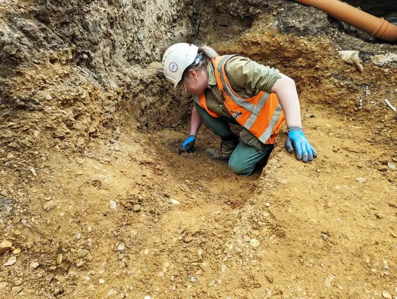 An archaeologist excavates a Saxon ditch south of the excavation site. Photo: © Archaeology South-East/UCL