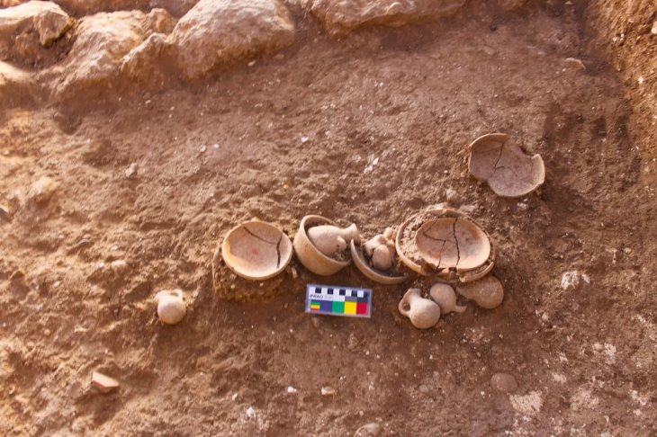 Temple offerings: miniature vessels for serving food and a marine mollusk shell "Tonna galea" found in one of the temples. Photo: Prof. Aren Maeir