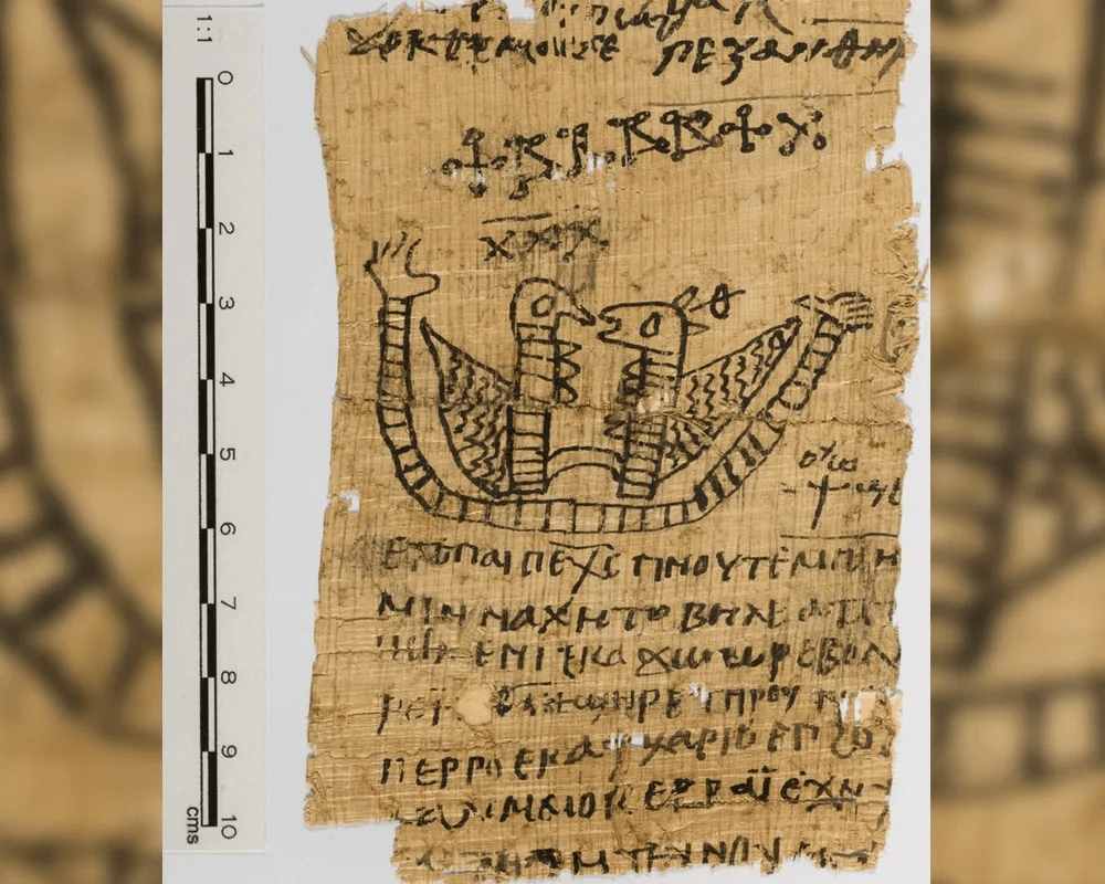 This ancient Egyptian papyrus, now at Macquarie University, is decorated with an image of two bird-like creatures. A magical spell written in Coptic, an Egyptian language that uses the Greek alphabet, is visible around the image.