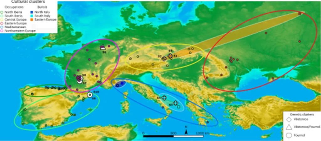 The location of the Gravettian cultural clusters on a map of modern Europe (sea levels at the time were 100 meters lower). Note the intriguing similarity between Europe and Greece, despite the sea between. Image credit: Baker et al., Nature Human Behavior 2024