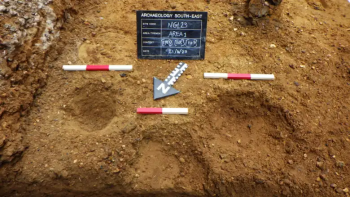 Three excavated Saxon post holes. Two measure approximately 20 cm in diameter, although the largest is over 30 cm. Photo: © Archaeology South-East/UCL