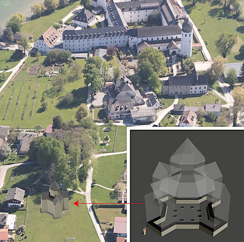 Fraueninsel, Romanesque ground plan, aerial view and visualisation of the central building. Photo: Bavarian State Office for Monument Preservation (BLfD)