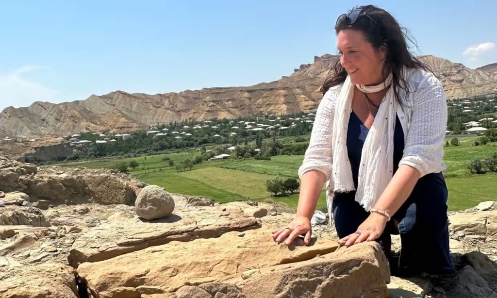 Bettany Hughes at an archaeological site in Azerbaijan for her Treasures of the World series. Photo: SandStone Global Productions Ltd