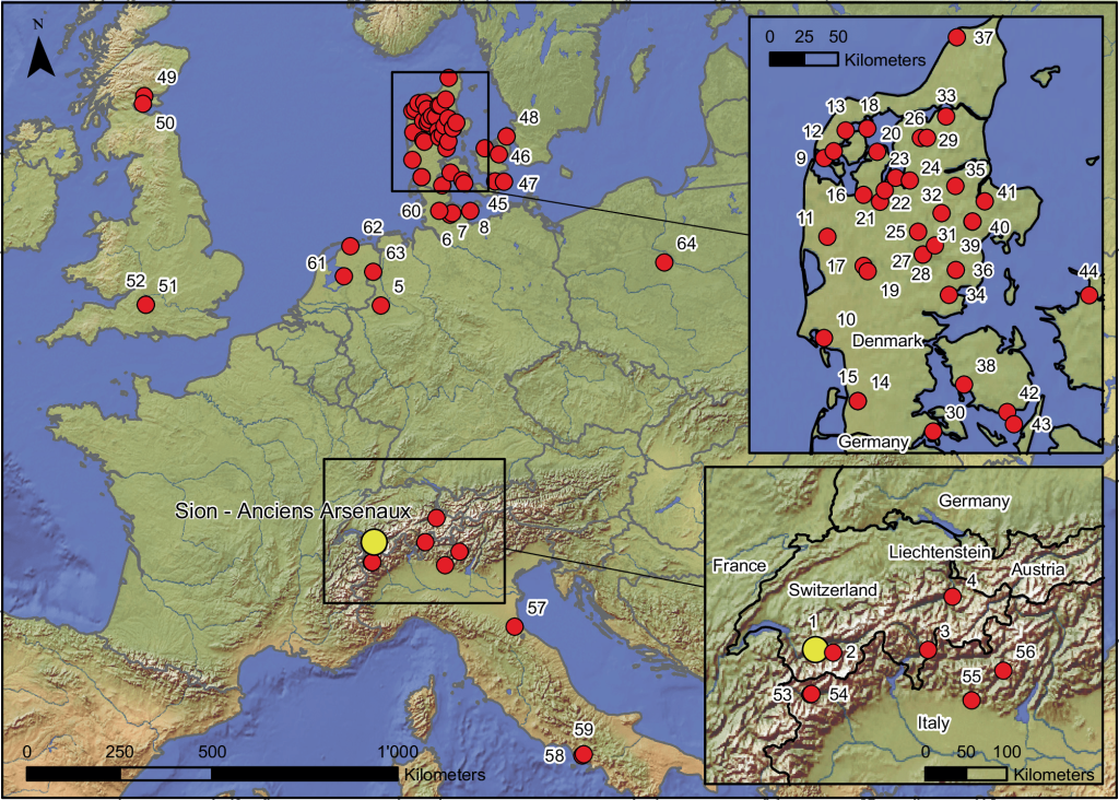 Map showing the location of the Anciens Arsenaux site (Sion, canton of Valais, Switzerland; yellow dot) and European sites with traces of tillage before 2000 cal BC (red dots). Credit: S. van Willigen et al. / Humanities and Social Sciences Communications