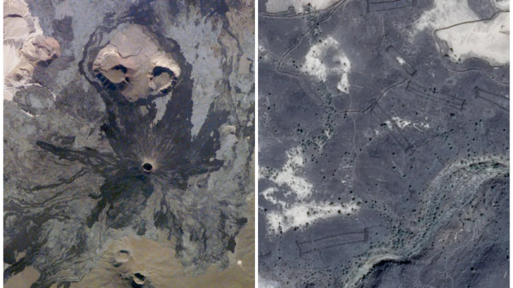 Harrat Khaybar is home to stunning volcanic formations and mysterious manmade structures (pictured right). Photo: NASA/CNES/Airbus, via Google Earth