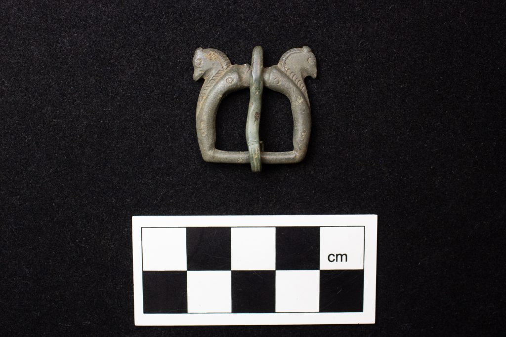 Брошка або пряжка ременя у вигляді кінської голови, виявлена у Бруксайд-Медоуз. Він був датований 350-450 роками нашої ери. Фото: Археологічний гурт Ред-Рівер.