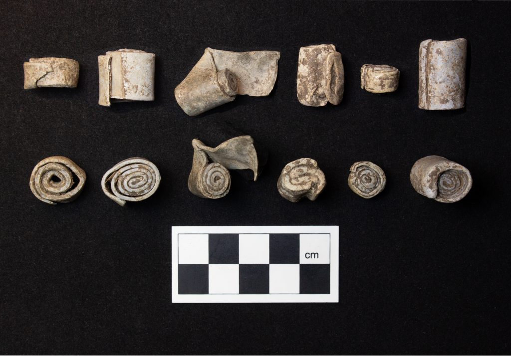 A collection of empty rolled-up lead scrolls, which may have been curse scrolls. Photo:  Red River Archaeology Group.