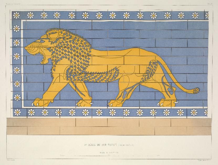 Late 19th century drawings of the lion symbol published by French excavator Victor Place. From  New York Public Library.