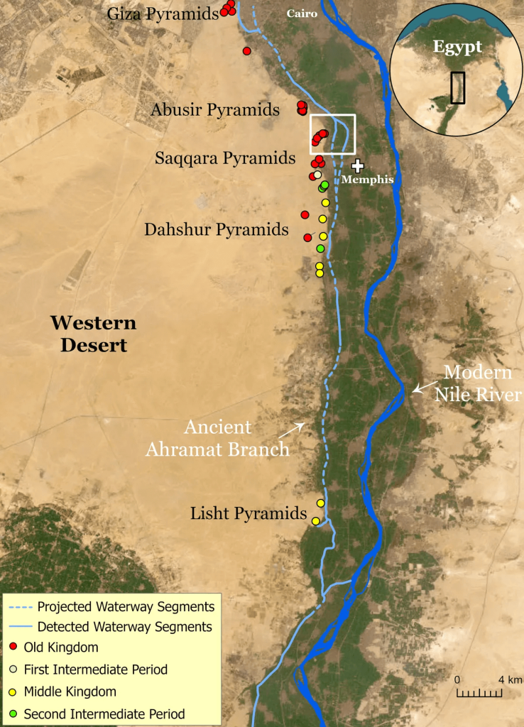 The watercourse of the ancient Ahramat Branch borders a large number of pyramids dating from the Old Kingdom to the Second Intermediate Period, spanning between the Third Dynasty and the 13th Dynasty. Image credit: Eman Ghoneim et al.