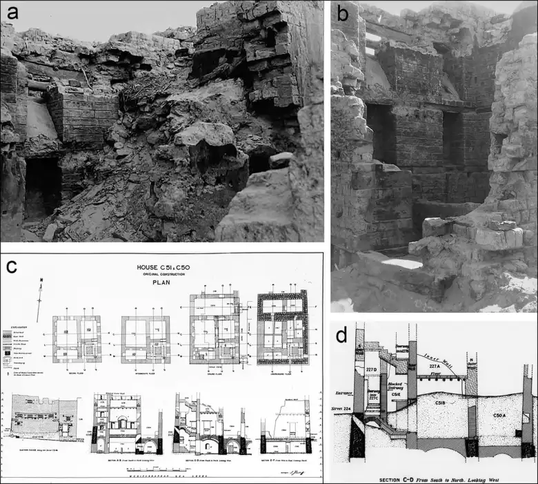 
(Top row) House C51, Room B before (left) and after (right) excavation of its abandonment fill; the sand layer is visible under the second floor collapse; bottom left) plans and sections of the house in its original configuration; bottom right) section showing the second floor as House B227 and the sand layer in Room C51B. Credit: Laura Motta et al. / Antiquity
