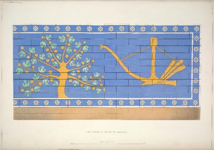 Late 19th century drawings of the tree and plough symbols published by French excavator Victor Place. From New York Public Library