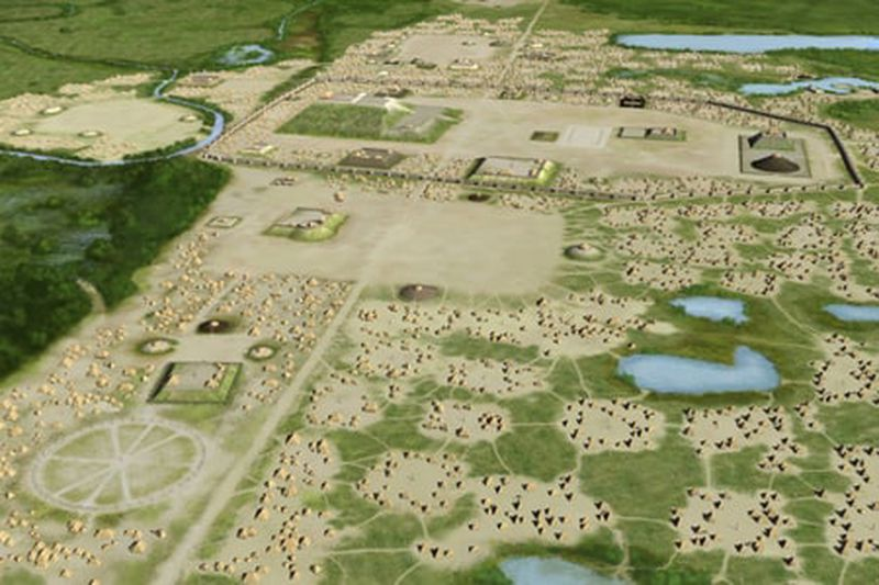 Artists' conception of the Mississippian culture Cahokia Mounds Site in Illinois. The illustration shows the large Monks Mound at the center of the site with the Grand Plaza to its south. This central precinct is encircled by a palisade. Three other plazas surround Monks Mound to the west, north and east. To the west of the western plaza is the Woodhenge circle of cedar posts.