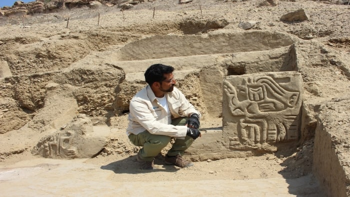 A carving of a human with a bird’s head found at the ancient temple. Photo:  Peru Ministry of Culture