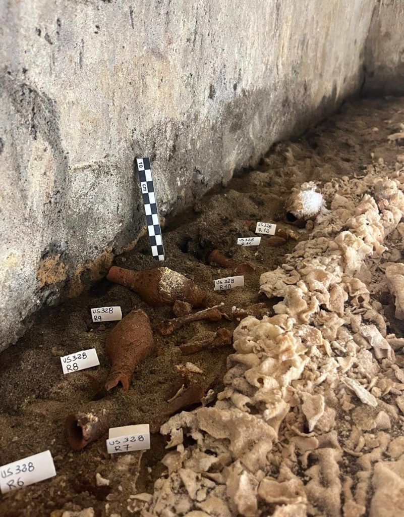 Detail of the interior of the sarcophagus being excavated, with the shroud and some funerary treeds. Photo: Superintendency of Archaeology, Fine Arts, and Landscape for the metropolitan area of Naples