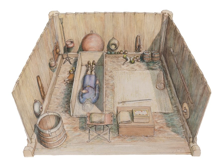 A reconstruction drawing of the Prittlewell princely burial chamber. Photo: © MOLA