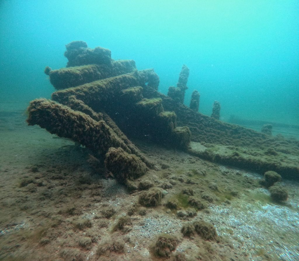 More than a century after sinking, the Margaret A. Muir was found in about 50 feet of water in Lake Michigan in May 2024. Shown here is a rare internal view of her unusual stepped sternpost construction. Photo: Tamara Thomsen, State Historical Society of Wisconsin