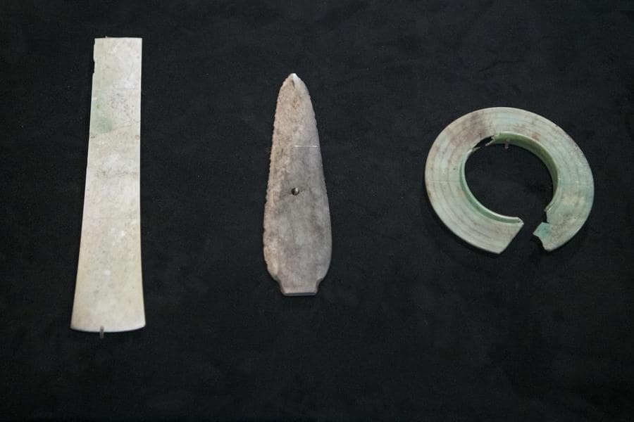 This photo taken shows jade ware discovered at the Sanxingdui Ruins site in Guanghan City, southwest China's Sichuan Province. Photo: Xinhua/Tang Wenhao
