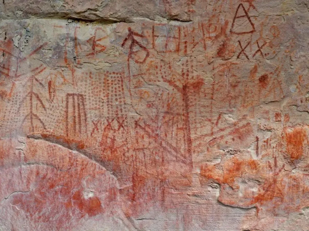 Arte rupestre del refugio rocoso Upuigma-tepui en el Parque Nacional Canaima, Venezuela.  Foto: José Miguel Pérez-Gómez/Universidad Simón Bolívar
