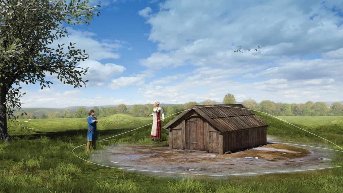 Artist’s interpretation of one of the Skeiet mortuary houses. The burial mound is indicated by the conjectured lines. Credit: Sauvage and Macphail 2024; illustration by Arkikon, NTNU University Museum