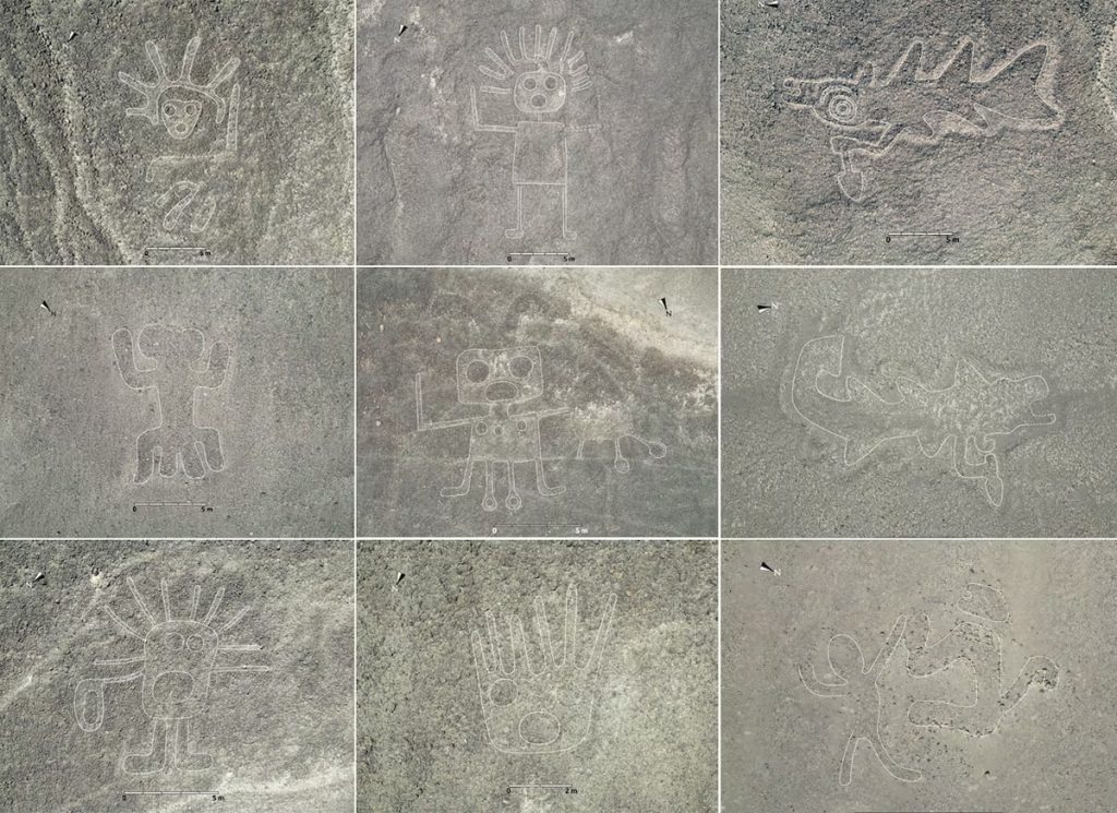 Some of the new geoglyphs found in Nazca. With their lines eroded by the passage of time, AI has achieved in months what used to take decades. Image Credit: Instituto Universitario Yamagata de Nazca