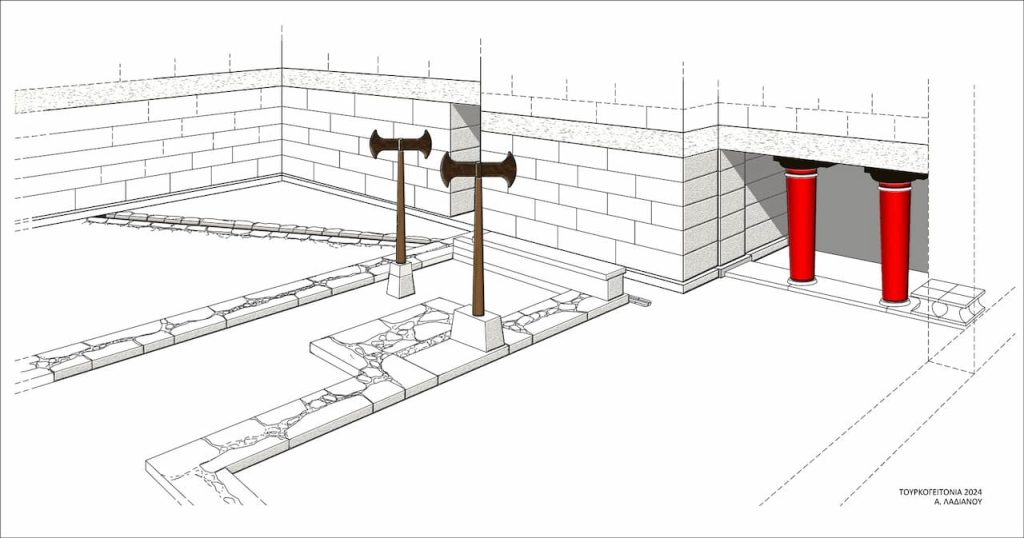 Drawing of the south entrance of the palace with two bases for double axes. Image Credit: Greek Ministry of Culture