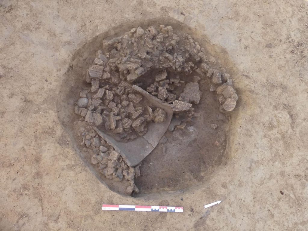 View of the upper levels of a Late Neolithic silo (4000-3400 B.C.), largely filled with burned cob, Pfulgriesheim. Photo: Heidi Cicutta / INRAP